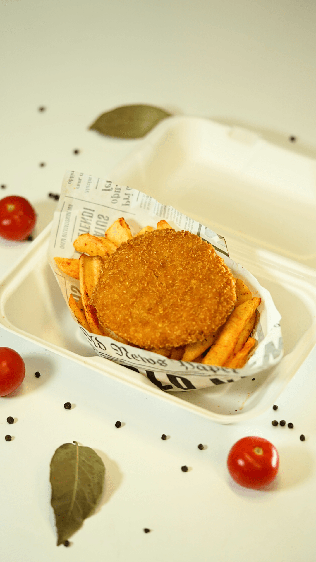 French fries with a fish patty